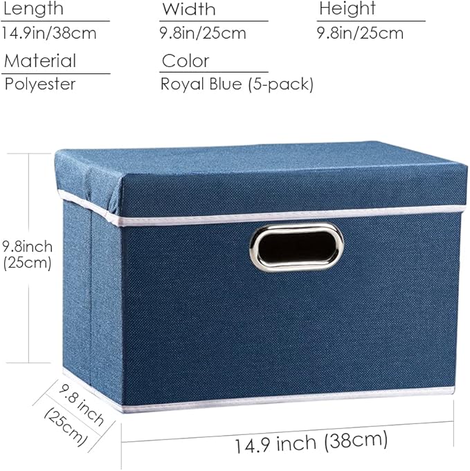 Foldable Storage Bin with Lid [5-Pack] Linen Fabric Decorative Storage Box Organizer Container Basket Cube with Handles Divider for Closet Office Living Room Royal Blue(14.9x9.8x9.8)