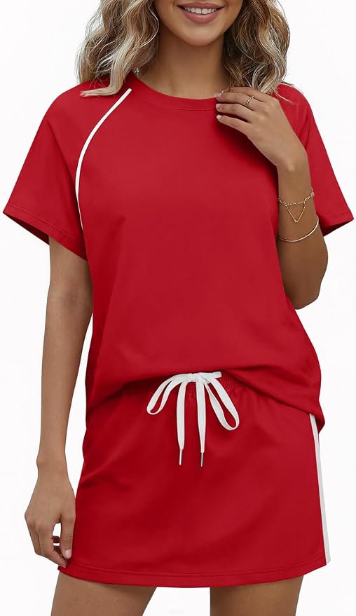 Womens 2 Piece Skirt Sets Summer Tennis Outfits Vacation Skort Set | Two Piece Sets, Short Set, Athletic Workout Golf Outfits, Crew Neck, Color Block, Drawstring, Workout Mathcing Lounge Sets