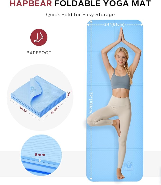 HAPBEAR Foldable Yoga Mat - 72"x24"x0.24" (6mm), Non-Slip TPE Exercise Mat for Home Workout, Yoga, Pilates,Stretching, & Travel, Durable & Eco-Friendly, Includes Carry Bag