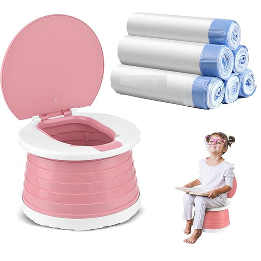 Portable Potty for Toddler Travel Foldable Potty Seat for Toddler Training Toilet for Kids Boys Girls Car Potty On The Go Potty Travel Potty Chair for Camping Park Indoor/Outdoor -105PCS Cleaning Bags