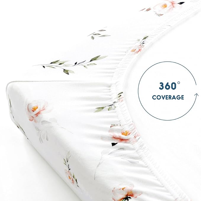 GRSSDER Stretchy Ultra Soft Jersey Knit Pack and Play Sheets 2 Pack, Portable/Mini Crib Sheets Universal Fitted for Playpen Mattress Safe and Snug, Beautiful Pink Floral and Cute Animals Print