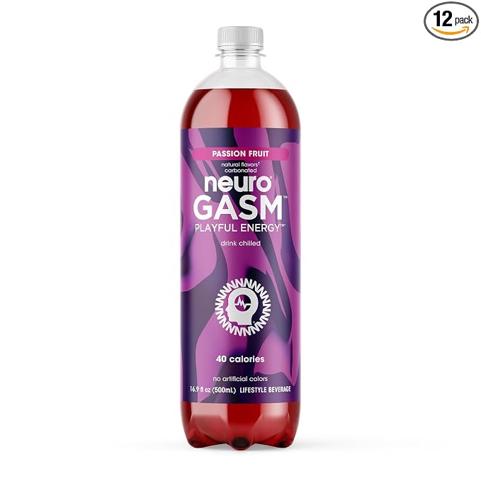 neuroGASM | Passion Fruit | Functional Beverage for Increased Stamina, Lightly Carbonated, Low Sugar; 16.9 Fl Oz (Pack of 12)