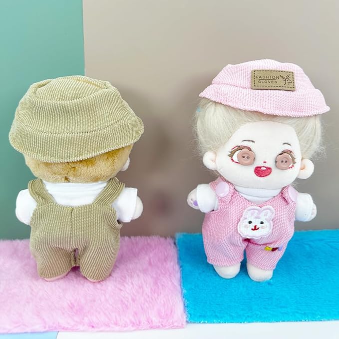 niannyyhouse 17cm Doll Clothes Hat White T-Shirt Animal Print Overalls 15cm Plush Doll Dressup (Pink-3)