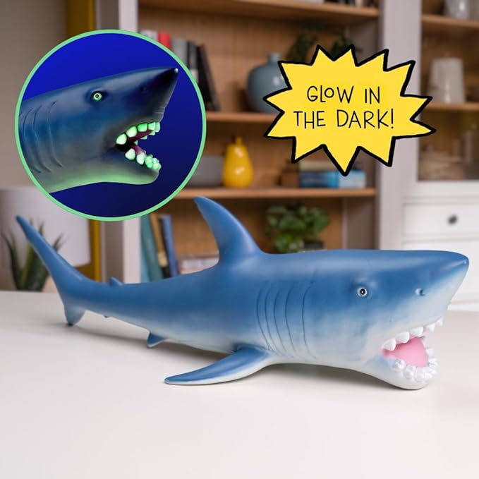 Wow in The World 24" Jumbo Soft Great White Shark | Glow-in-The-Dark Eyes & Teeth | Kids Learning Through Play | Includes Shark Toy and Fun Fact Card