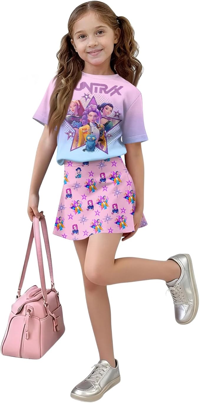 HTHLVMD K Pop Short Sleeve T-Shirt and Skirts Outfits Set for Girls Hunters Rumi Mira Zoey Graphic Tees De-Mon Costume