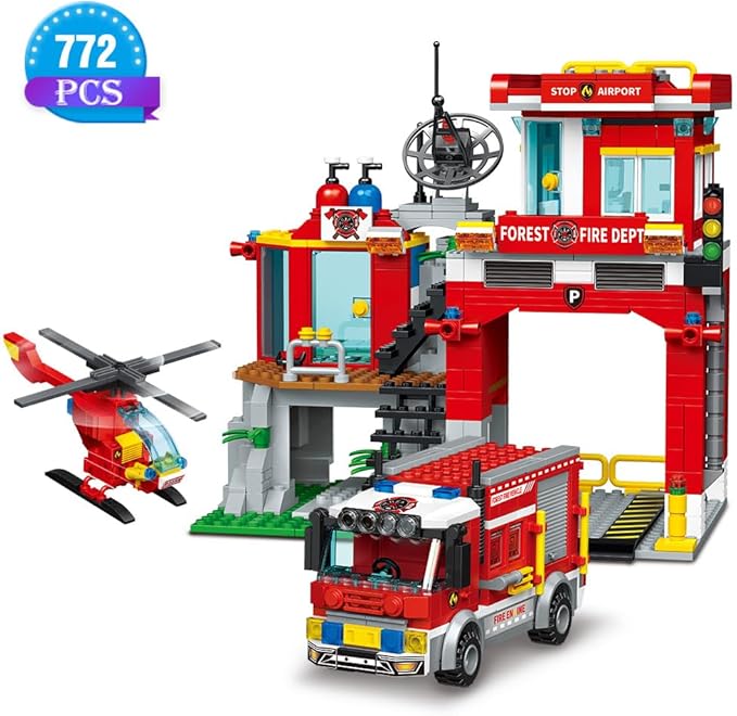 MindBox City Fire Rescue Building Set with Fire Station, Truck & Helicopter,772pcs Toy for Boys 8+