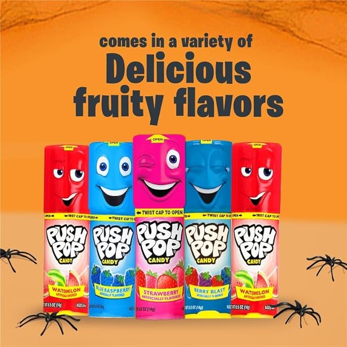Push Pop Halloween Candy Variety Pack, 10 Ct Lollipops Individually Wrapped in Fruity Flavors, Bulk Individually Wrapped Hard Candy, Birthday Party Favors, Trick or Treat, Halloween Bowls, Kids Gifts