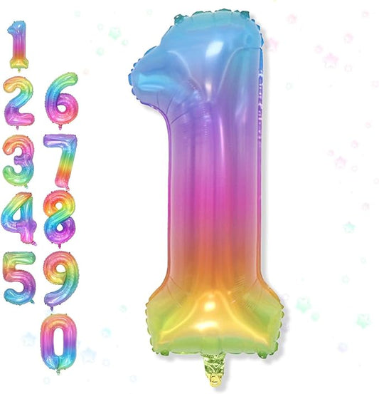 Big Number 1 Balloons, Rainbow Multicolor Foil 1 Balloon Numbers 40 Inch, Giant 1st Birthday Party Decor, Mylar Helium Self Inflating Colorful Jelly One Balloon for Girls Kids Baby Shower Decorations