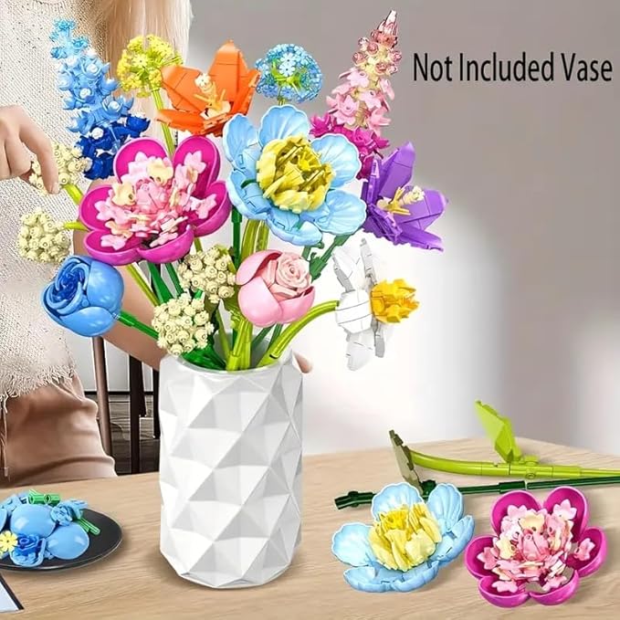 865pcs Flower Building Set, DIY Building Block Flower Bouquet, Beautiful Ornaments, Creates a Cozy Atmosphere with Colorful Artificial Bouquet