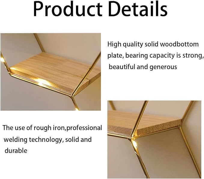 Liywall - Hexagon Floating Shelves Wall Decor, Gold Metal Wire and Wood Wall Mounted Storage Shelf Home Decorations Art for Bedroom Living Room Kitchen Bathroom, Set of 3 with LED Lights
