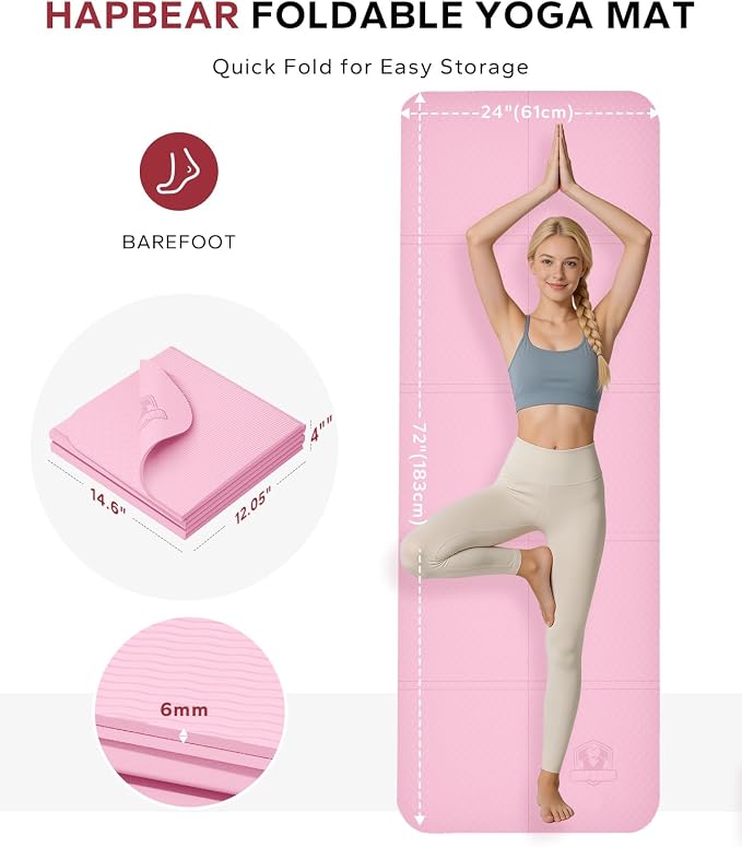 HAPBEAR Foldable Yoga Mat - 72"x24"x0.24" (6mm), Non-Slip TPE Exercise Mat for Home Workout, Yoga, Pilates,Stretching, & Travel, Durable & Eco-Friendly, Includes Carry Bag