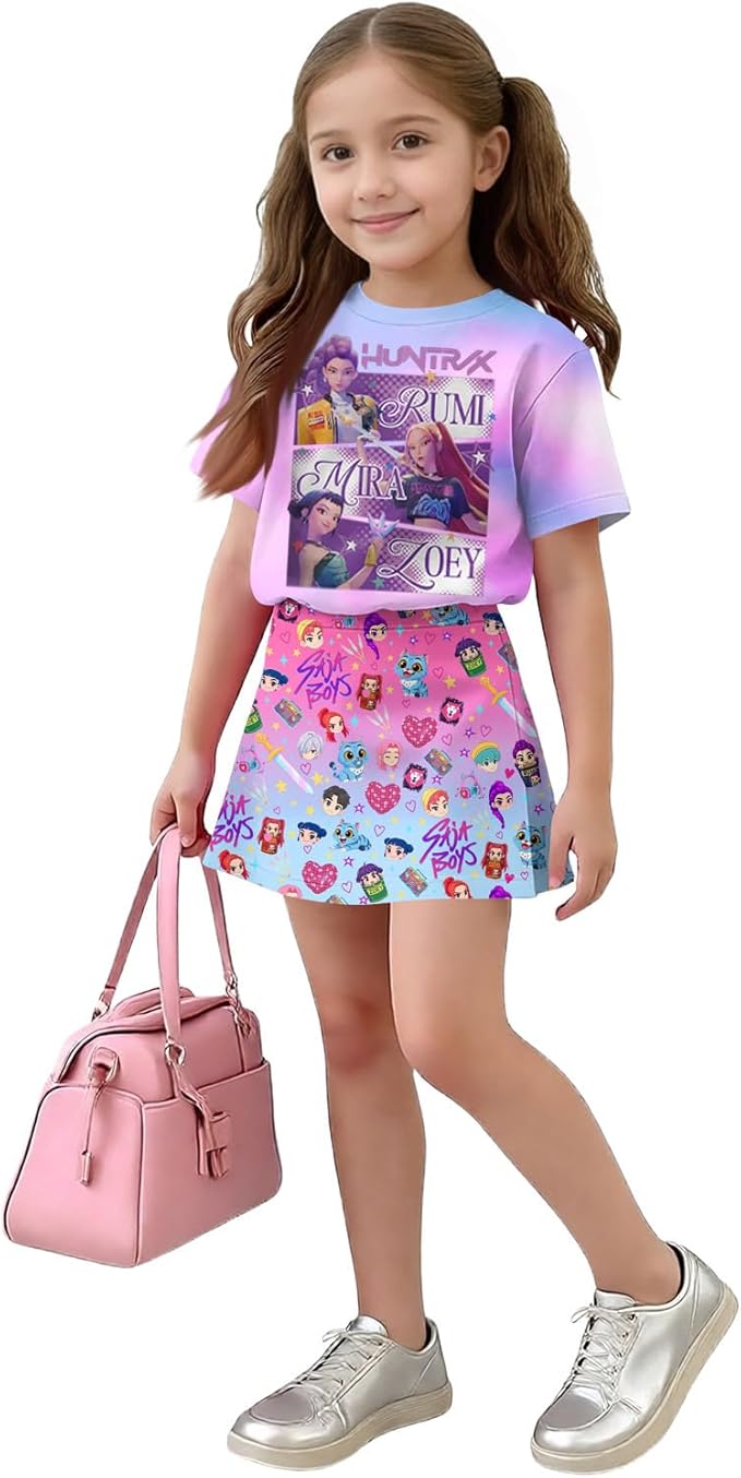 HTHLVMD K Pop Short Sleeve T-Shirt and Skirts Outfits Set for Girls Hunters Rumi Mira Zoey Graphic Tees De-Mon Costume