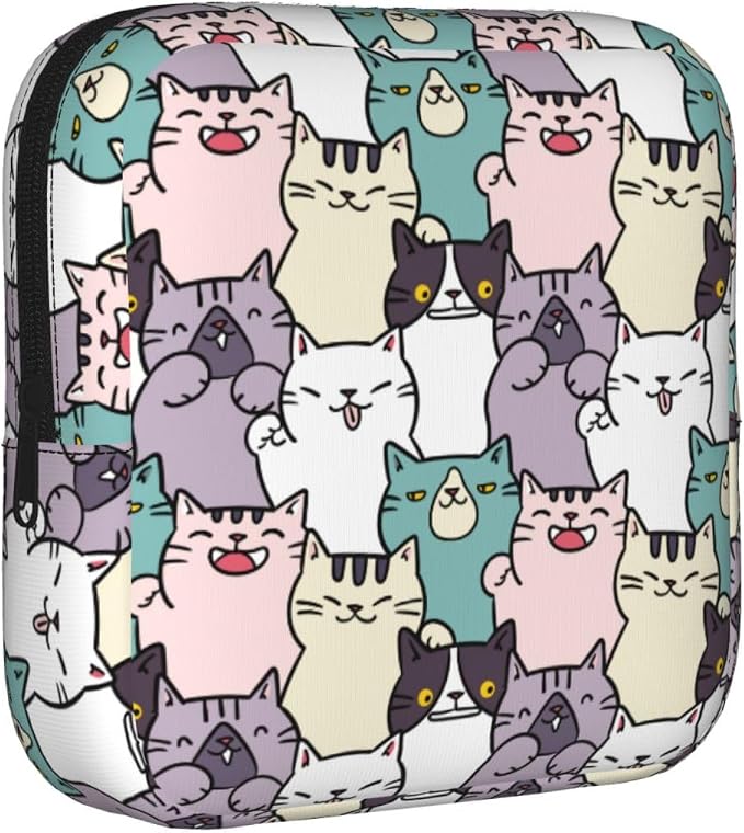 Cute Cartoon Cat Cats Kitty Kitten Kitties Period Bag For Women,Portable Sanitary Napkin Period Pad Pouch For Purse, Small Make Up Bags