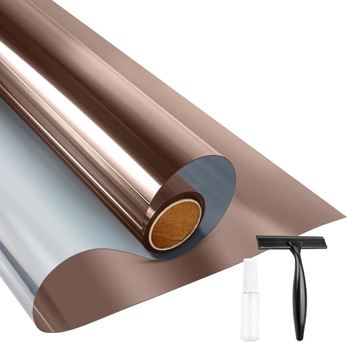 KESPEN Window Privacy Film One Way Daytime Privacy Heat Control Anti UV Non-Adhesive Reflective House Window Tint for Home and Office, Brown-Silver, 35.4 Inch X 8.2 Feet