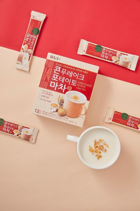 Damtuh Yam (Ma) Tea Powder Drink Mix with Corn Flakes & Potato Flakes – Korean Cereal-Style Instant Hot Drink, Creamy & Smooth, 22g x 12 Stick Packs