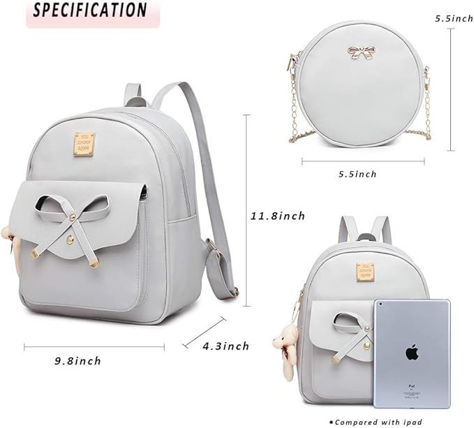 MACCINELO Cute Leather Mini Backpack Purse for Women Bowknot Small Backpack for Girls gift Rucksack Ladies Shoulder Bag 3pcs