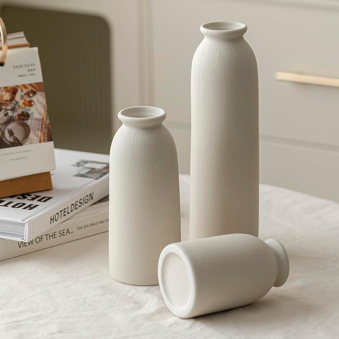 Ceramic Vase Set-3, 10.3 Inch Tall Flower Vases for Decor, Modern Boho Farmhouse Style, Decorative Vases for Pampas Grass & Dried Flowers, Distressed Finish (L Beige)