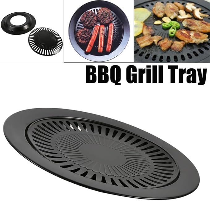 Korean BBQ Grill Pan - Round Iron Roasting Tray Nonstick Oil Drain Design 32 cm for Indoor Outdoor Barbecue Meat Vegetables