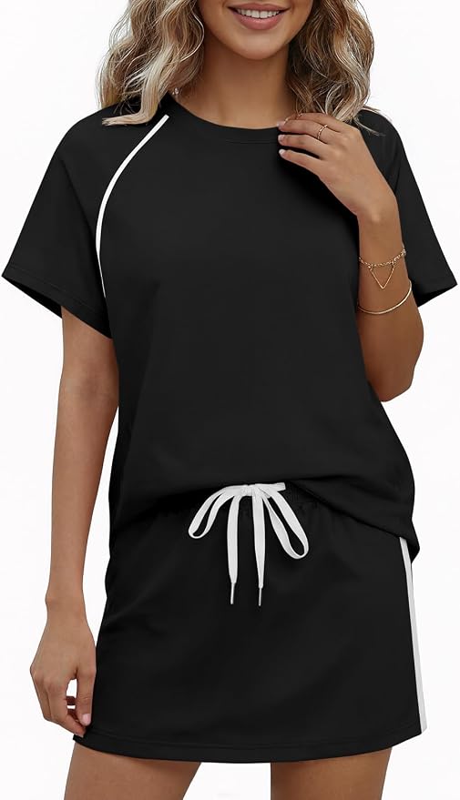 Womens 2 Piece Skirt Sets Summer Tennis Outfits Vacation Skort Set | Two Piece Sets, Short Set, Athletic Workout Golf Outfits, Crew Neck, Color Block, Drawstring, Workout Mathcing Lounge Sets