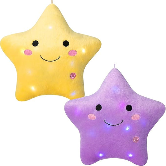 DearSun Set of 2pcs, 13'' Creative Twinkle Star Colorful Night Light Plush Pillows Light up Night Stuffed Toys Perfect for Birthday Christmas Holiday Valentines(Yellow+Purple)