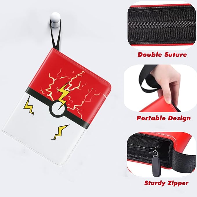 Card Binder 4 Pocket, Trading Card Holder Collector Album Fits 400 Cards with 50 Removable Sleeves Compatible with Pokemon Cards Game Sports Card Case Book With Zipper for Gifts Red