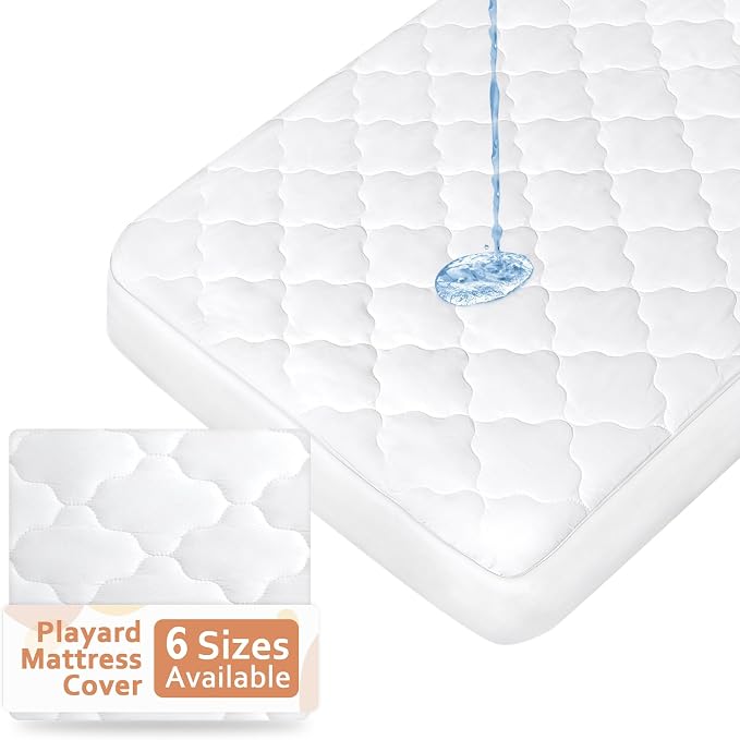 Pack and Play Mattress Pad (6 Sizes), Compatible with Graco Pack and Play On The Go Playard and Portable Playard, Playard Sheets Fitted Waterproof Protector Cover Soft Quilted