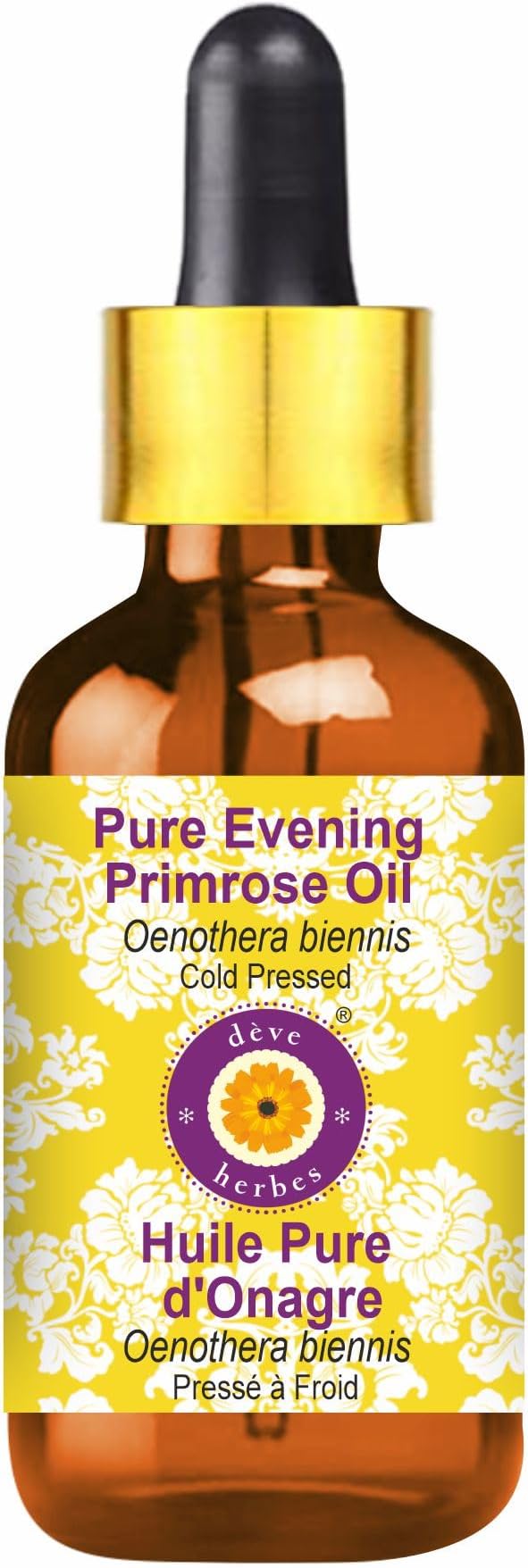 Deve Herbes Evening Primrose Oil (Oenothera biennis) with Glass Dropper | Cold Pressed | Pure | Natural | For Diluting Essential oils | Skin & Massage | Non-Sticky | Lightweight | Unisex | 30ml (1 oz)