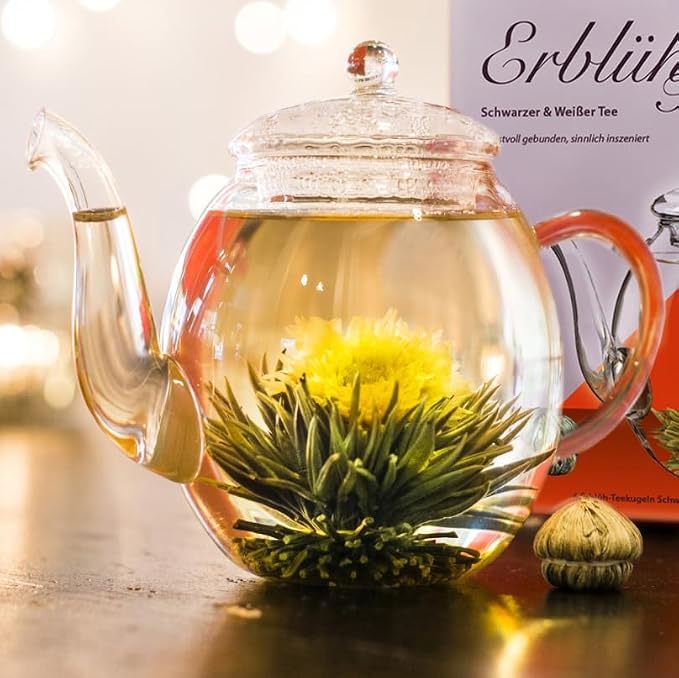 Creano Flowering Tea Abloom Tea - Blooming Tea Gift Set in Stylish Wooden Tea Box - 12 Pieces, Mix of White & Black Tea a gift for christmas