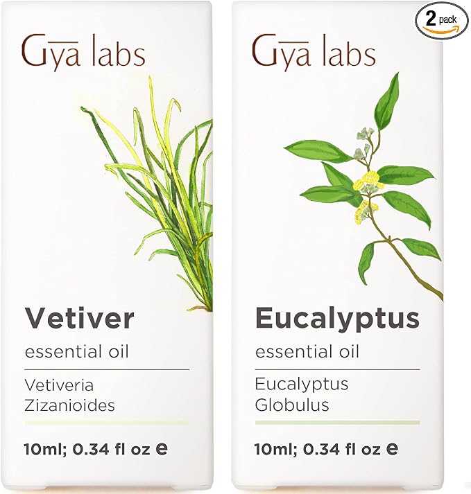 Vetiver Essential Oil for Skin & Eucalyptus Essential Oil for Diffuser Set - Aromatherapy Grade Essential Oils Set - 2x10ml - Gya Labs