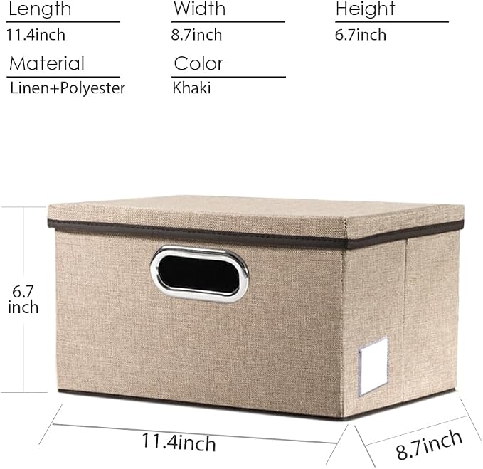 Storage Bins with Lids [3-Pack] Jute Fabric Foldable Storage Boxes Organizer Containers Baskets Cube with Cover for Home Bedroom Closet Office Nursery khaki（11.4X8.6X6.7