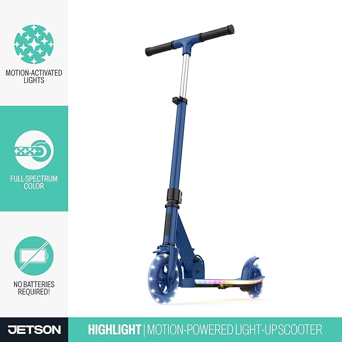 Jetson Jupiter Kids 2-Wheel Light-Up Kick Scooter, LED Lights on Handlebar, Stem, Wheels & Deck, Adjustable Handlebar, Rear Brake, Easy-Folding Mechanism, Ages 5+