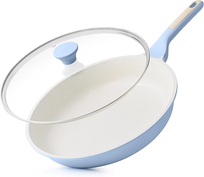 SENSARTE 12.5In Nonstick Ceramic Frying Pan with Lid, PFAS/PTFE Free, Blue | Ceramic Omelette Pan Skillet, Healthy Non-toxic Chef's Pan, Induction Compatible Pan, Heat Resistant Handle