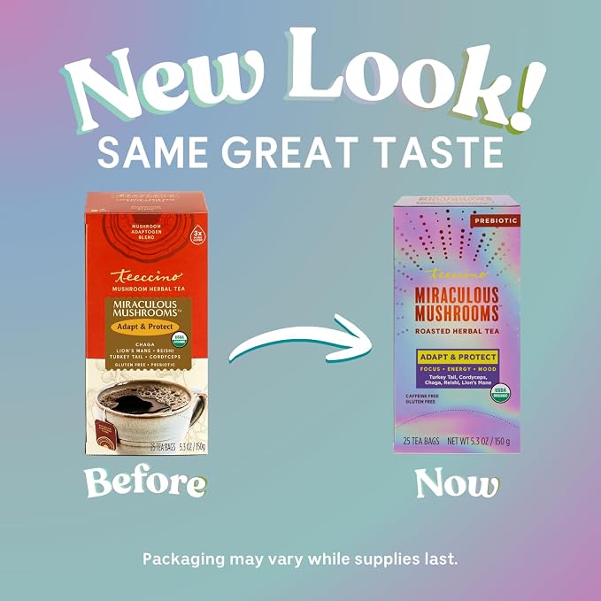 Teeccino Miraculous Mushrooms Adapt & Protect Herbal Tea By Teeccino, 25 Tea Bags - Five Organic Adaptogenic Mushrooms with Chicory & Cacao, 3x More Herbs than Regular Tea Bags, Caffeine Free, Prebiotic
