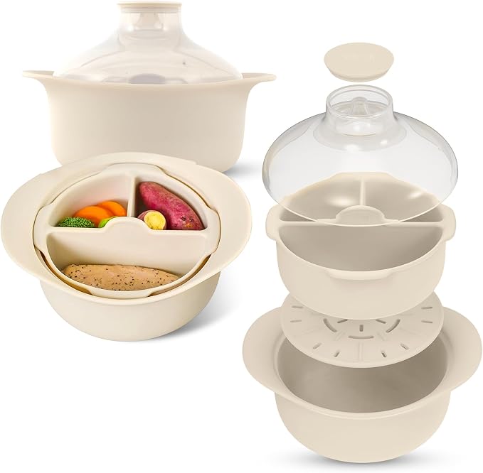 48oz Platinum Silicone 3 Compartmented Microwave Steamer Pot with Handle & Lid - Korean 100% Food-Grade Steamer Bowl, Heat-Resistant Cooker with Steam Holes, Easy Clean, Dishwasher Safe, Ivory