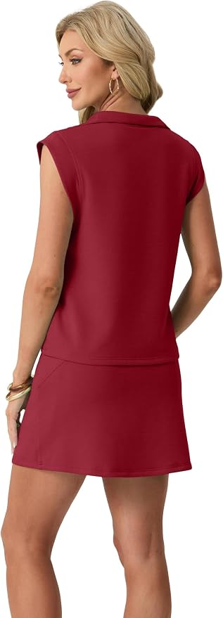 GRECERELLE Women's 2026 Summer 2 Piece Skort Sets Cap Sleeve Zip Collared Top Matching Tennis Skirt with Pockets for Athletic