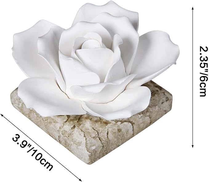 Ceramic Passive Essential Oil Diffuser, Aesthetic Desktop Handmade Flower & Concrete Base, Porcelain Aromatherapy Oils Diffuser for Home, Office, Yoga, Spa Room (White Rose)