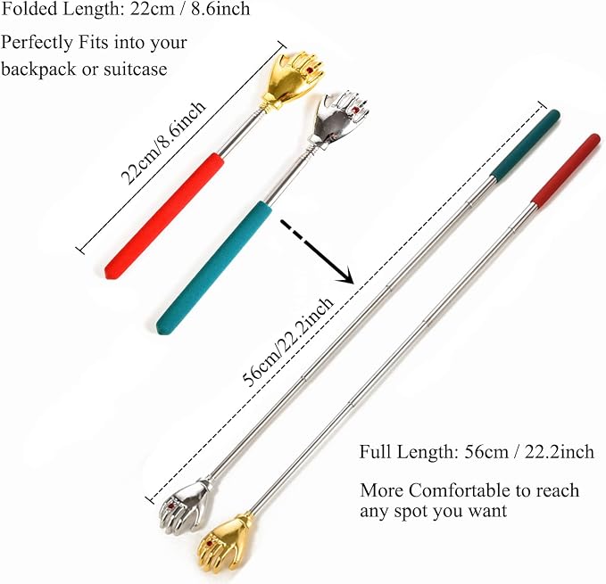 Telescopic Back Scratcher Extendable Handle, Portable Stainless Steel Hand Massage Tool, Extends from 8.66 to 23.23 inches, 2 Pack