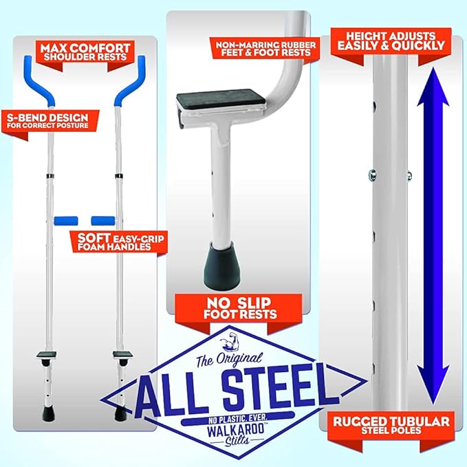 Geospace Adjustable Walkaroo Steel Stilts for Kids - Indoor/Outdoor Play, Exercise, Steel Stilts for Adults- Up to 220 lbs, Height Adjustable Walking Stilts, Kids Stilts -White