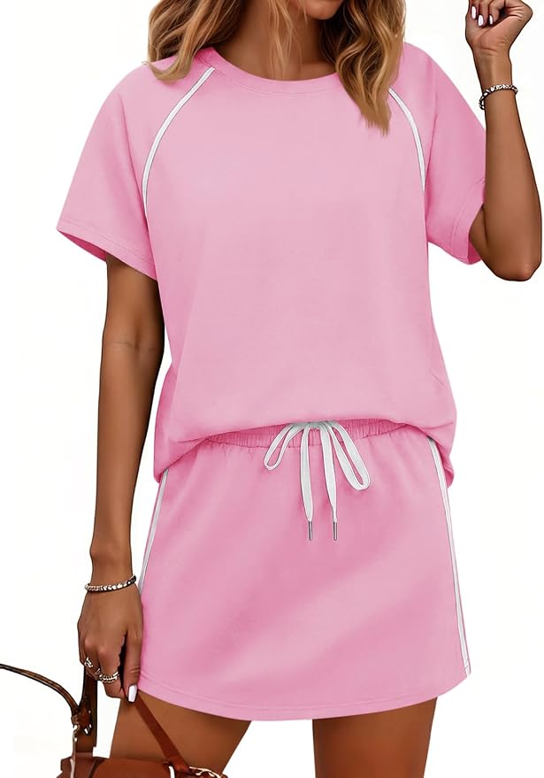 Womens 2 Piece Skirt Sets Summer Tennis Outfits Vacation Skort Set | Two Piece Sets, Short Set, Athletic Workout Golf Outfits, Crew Neck, Color Block, Drawstring, Workout Mathcing Lounge Sets