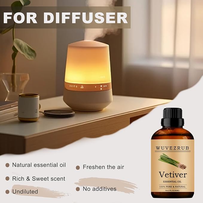 Vetiver Essential Oil, 60ML Pure and Natural for Aromatherapy Diffuser - 2 Fl Oz