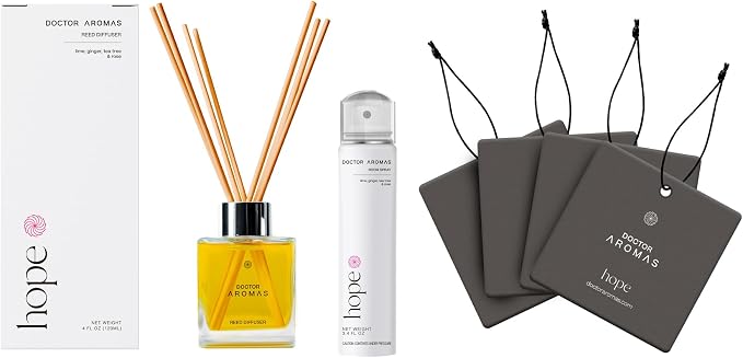 Doctor Aromas Gift of Hope Bundle: Essential Oil Reed Glass Jar Diffuser Set + Room Spray + 4X Car Perfume – Elegant Odor Eliminator and Air Freshener Scent Aromatherapy Gift