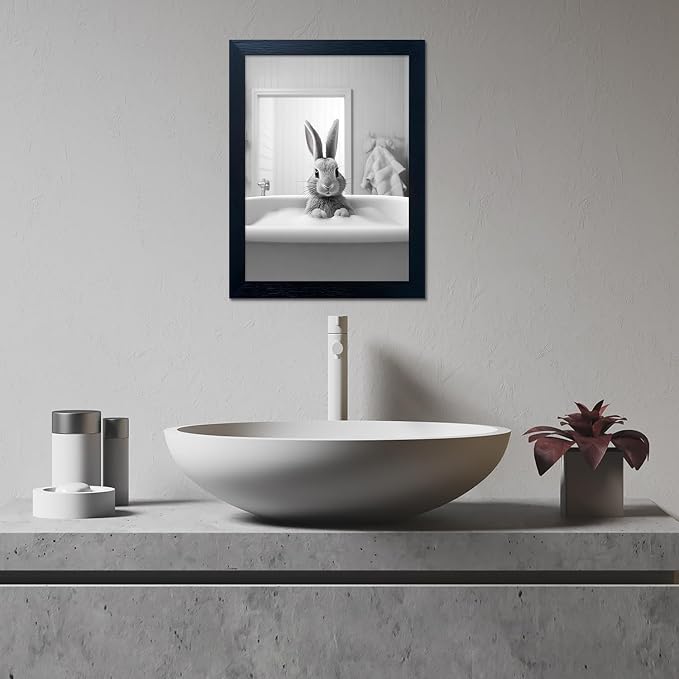 Funny Kids Bathroom Wall Decor, Black and White Cute Animal Canvas Wall Art, Black Framed Rabbit in Bathtub Farmhouse Picture Wall Decor Print Artworks for Bathroom