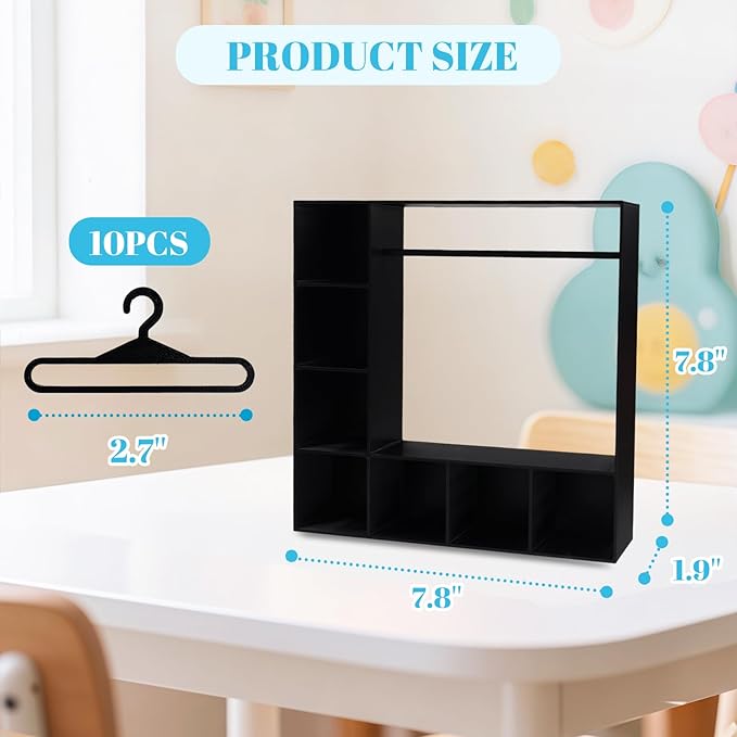 Doll Clothes Closet/Wardrobe Large Plus 10 Hangers, Doll Accessories Display Box, Clothes Storage for Figures, Portable Storage for Fashion Doll Clothes, Gift (Black)