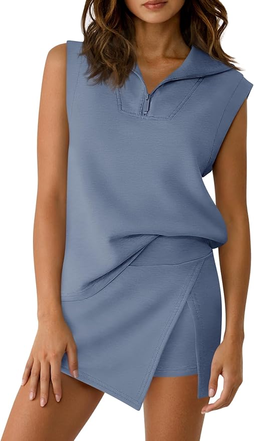 Fisoew Womens 2 Piece Skirt Sets Summer Sleeveless Half Zip Sweatshirt Athletic Skorts Tennis Outfits Casual Sweatsuits