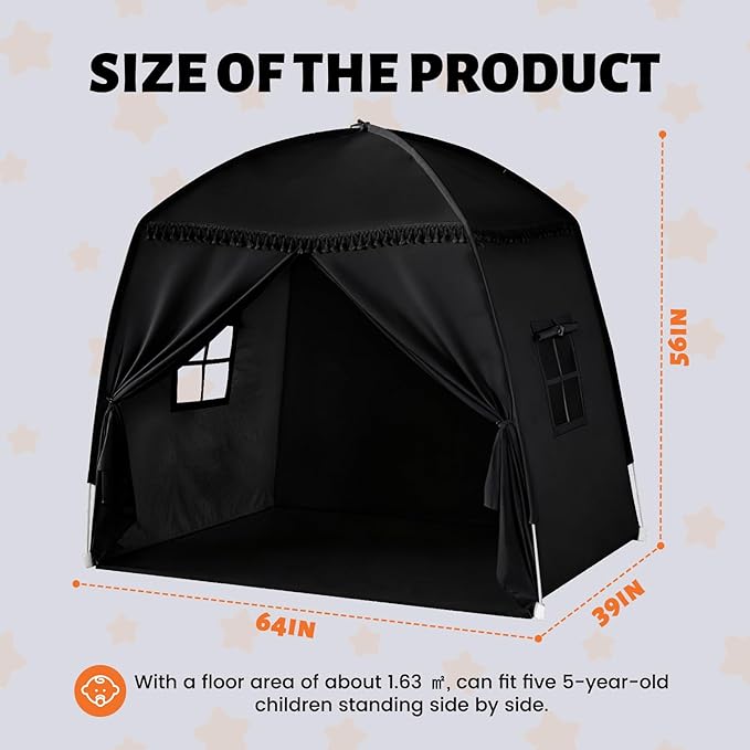 Sumbababy Large Teepee Tent for Kids: with Star Lights - Tent Indoor Kids Teepee Tent for Boys & Girls - Kids Play Tent Inside Canopy Bed for Playroom Gift Toys (All-Black)