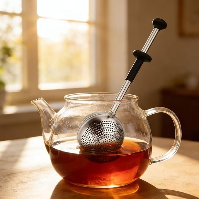 Stainless Steel Tea Strainer for Loose Tea with Silicone Good Grip Long Handle, Fine Mesh Tea Infuser Ball Dusting Wand for Flour n Sugar