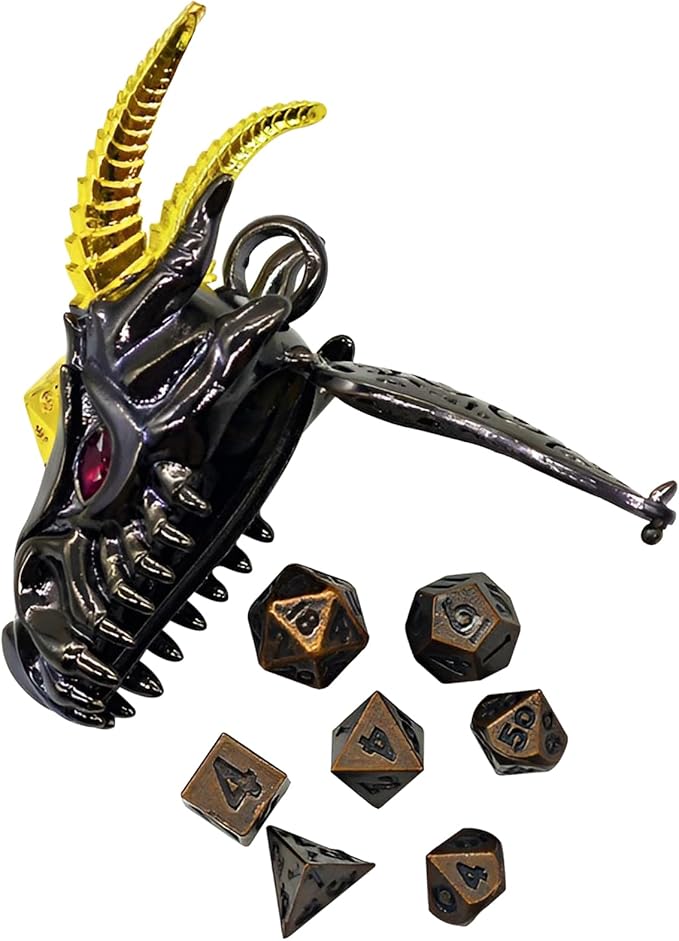 2025 Dragon Necklace for DND Dice Set, 7-in-1 Dragon Metallic D&D Dice with Gift Case for Dungeons and Dragon Game, RPG Role Playing Table Game Gifts (Black Gold)