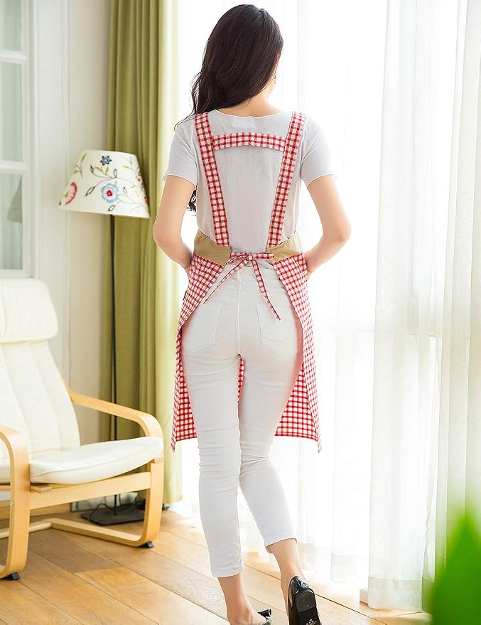 NEWGEM 100% Cotton Patchwork Apron with Pockets - Aesthetic H-Back Gingham Smock for Painting, Gift for Wife Mom (Red/White Cat)