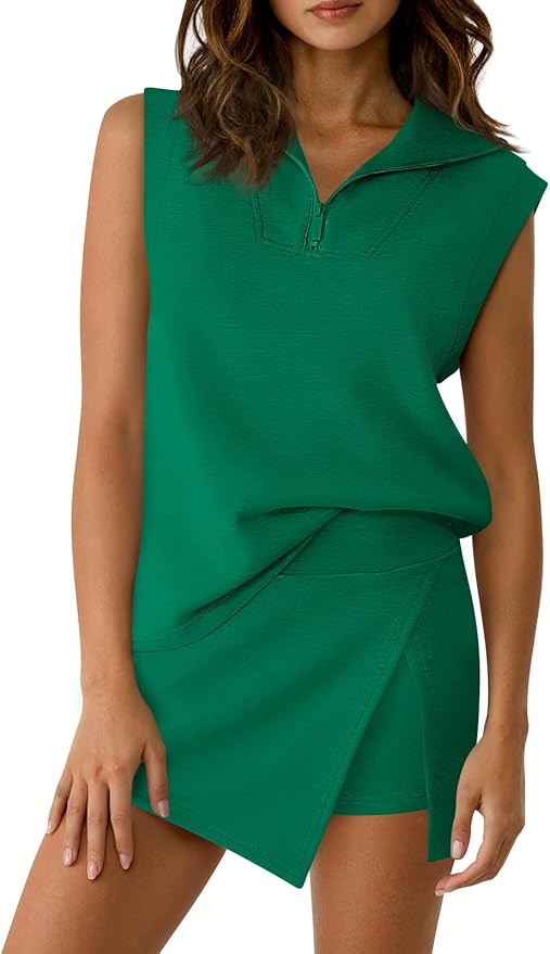 Fisoew Womens 2 Piece Skirt Sets Summer Sleeveless Half Zip Sweatshirt Athletic Skorts Tennis Outfits Casual Sweatsuits