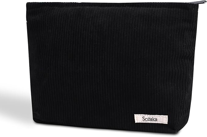 Cosmetic Bags for Women - Corduroy Cosmetic Bag Aesthetic Women Handbags Purses Smile Dots Makeup Organizer Storage Makeup Bag Girls Case Bags (Pure Black)